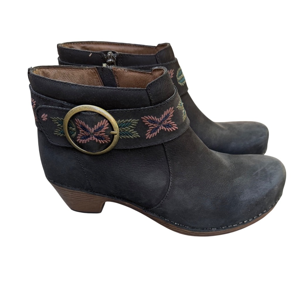 Dansko Embroidered Butterfly Leather Ankle Boots Black Clog Booties Womens 38